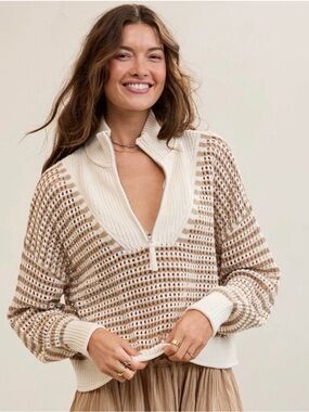 NWOT aerie Cream and Tan Half-Zip Open Knit Sweater